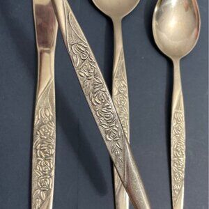 Vtg Nasco Rosevine Caress Pattern 4 Piece Place Setting National Stainless Korea